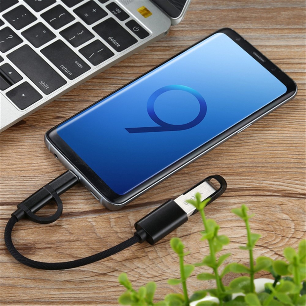 USB 3.0 Female OTG Adapter 2-in-1 Micro USB+Type C Male Nylon Braided Charging Cable Data Cord - Black-4