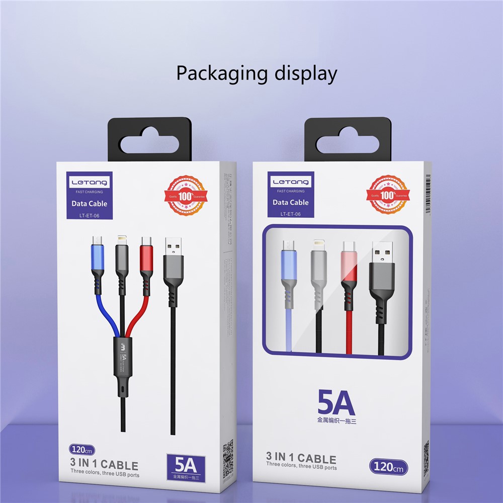 LETANG LT-ET-06 3-in-1 USB to Micro USB/Lightning/Type C 5A Fast Charging Cable 1.2m-10