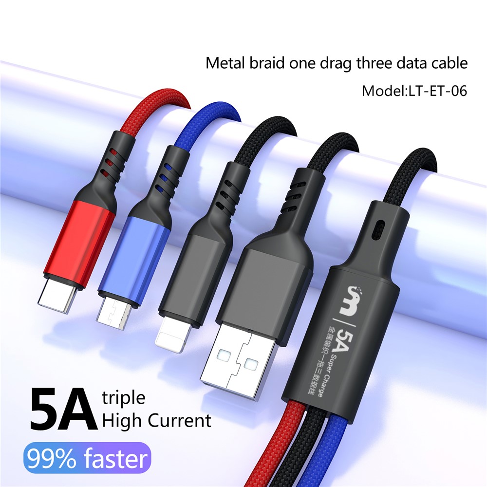 LETANG LT-ET-06 3-in-1 USB to Micro USB/Lightning/Type C 5A Fast Charging Cable 1.2m-2