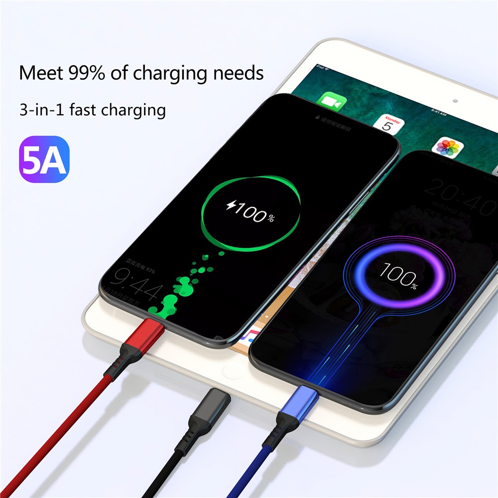 LETANG LT-ET-06 3-in-1 USB to Micro USB/Lightning/Type C 5A Fast Charging Cable 1.2m-3