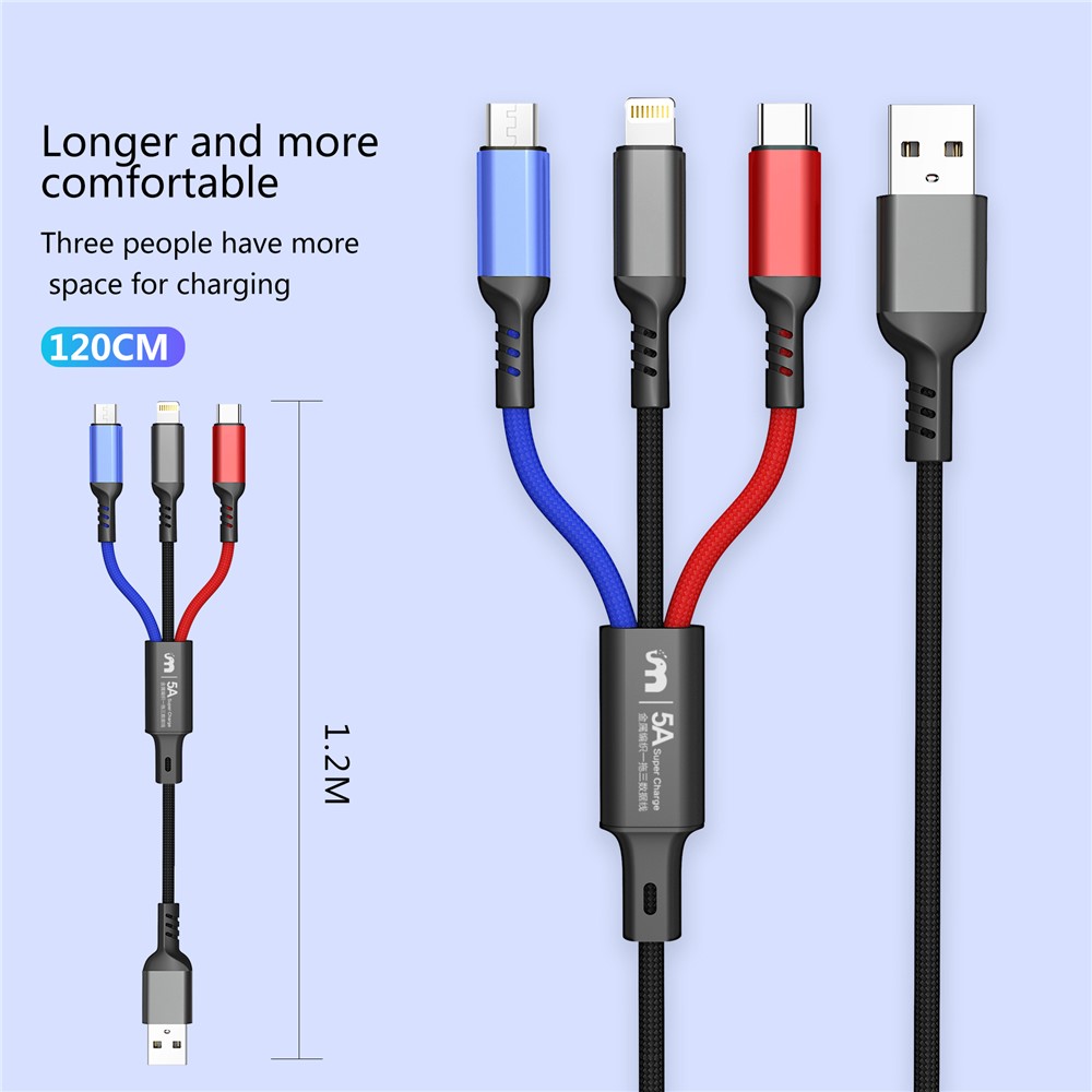 LETANG LT-ET-06 3-in-1 USB to Micro USB/Lightning/Type C 5A Fast Charging Cable 1.2m-9