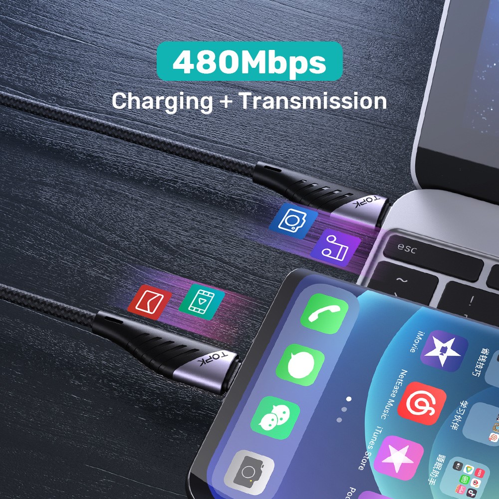 TOPK AP74 PD 65W Fast Charging Cable Type C to Type C Nylon Braided Data Cord, 1M-2