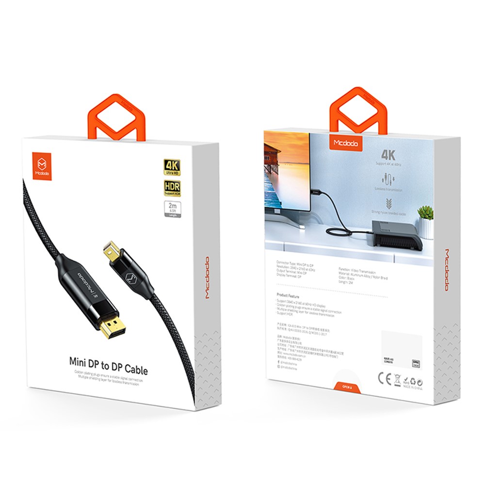 MCDODO CA-8150 MDD 2m Braided Gold Plated Mini DisplayPort Cable 4K 60Hz Mini DP to DP Video Audio Adapter Cord Wire for HDTV-8