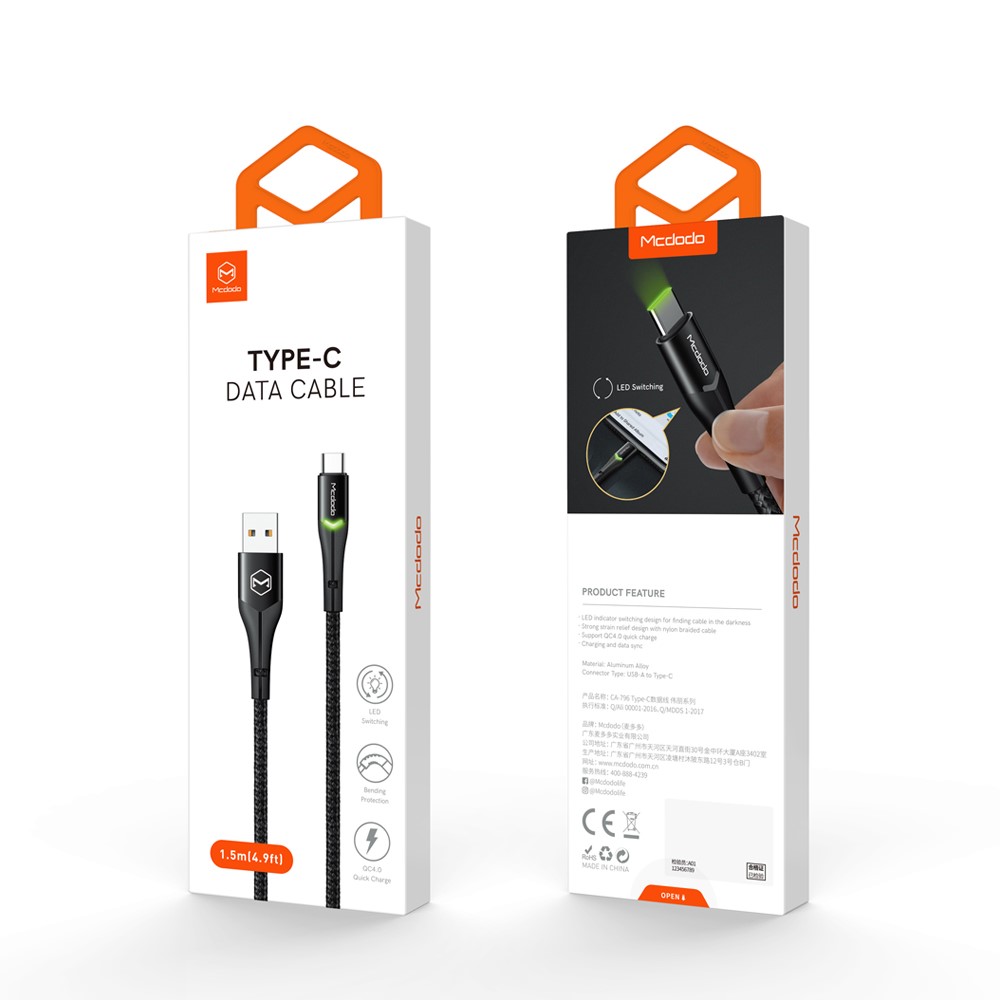 MCDODO CA-7963 MDD 1.5m Type-C Data Cable Mobile Phone Fast Charging Cord with LED Light for Huawei Samsung-7
