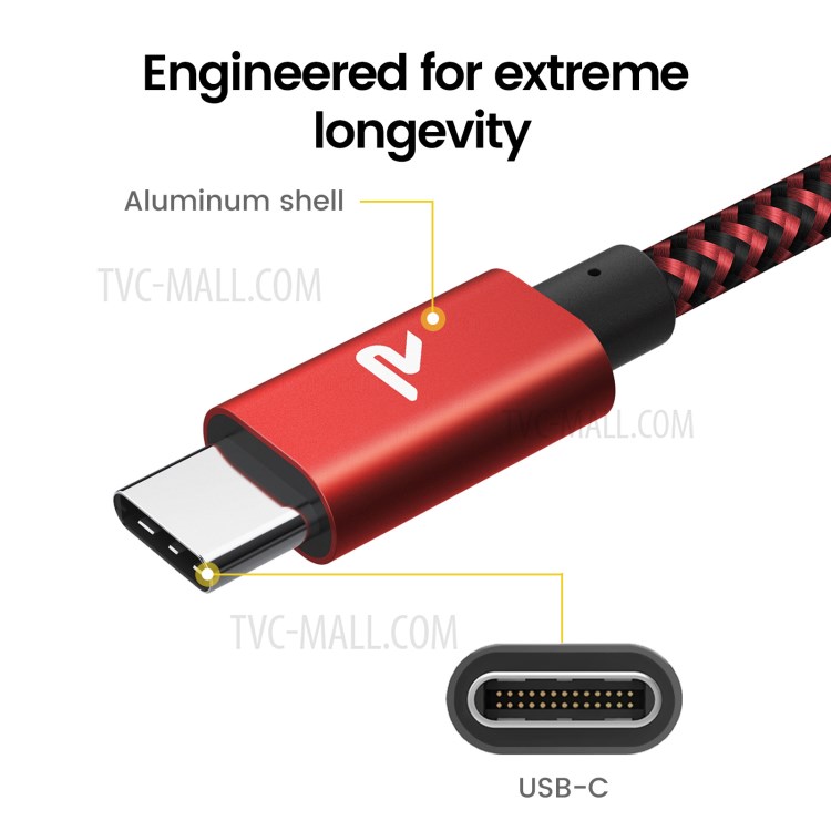 RAMPOW RAD15 60W USB 2.0 USB-C to USB-C Fast Charging Cable Nylon Braided Cord 1m - Red/Black-3