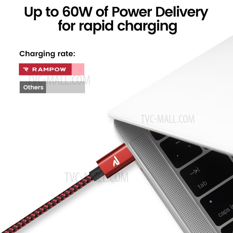 RAMPOW RAD15 60W USB 2.0 USB-C to USB-C Fast Charging Cable Nylon Braided Cord 1m - Red/Black-4