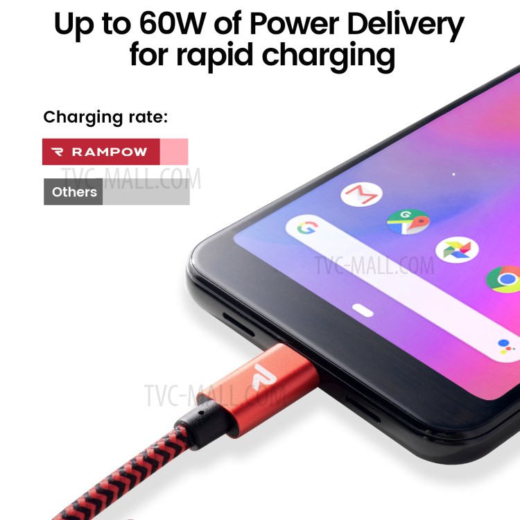 RAMPOW RAD15 60W USB 2.0 USB-C to USB-C Fast Charging Cable Nylon Braided Cord 1m - Red/Black-5