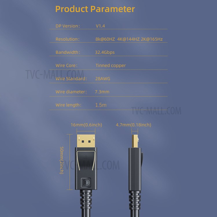 ESSAGER 1.5m DisplayPort Cable 8K DP1.4 Male to Male DP Video Audio Adapter Cable for HDTV Projector PC-9
