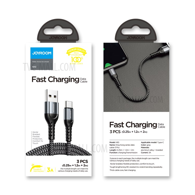 Joyroom JR-N10 3PCS / Pack Tipo-C 3A Cabo De Cabo De Transmissão De Dados De Carregamento Fast (0.25m / 1.2m / 2m) Para Huawei / Samsung - Vermelho-7