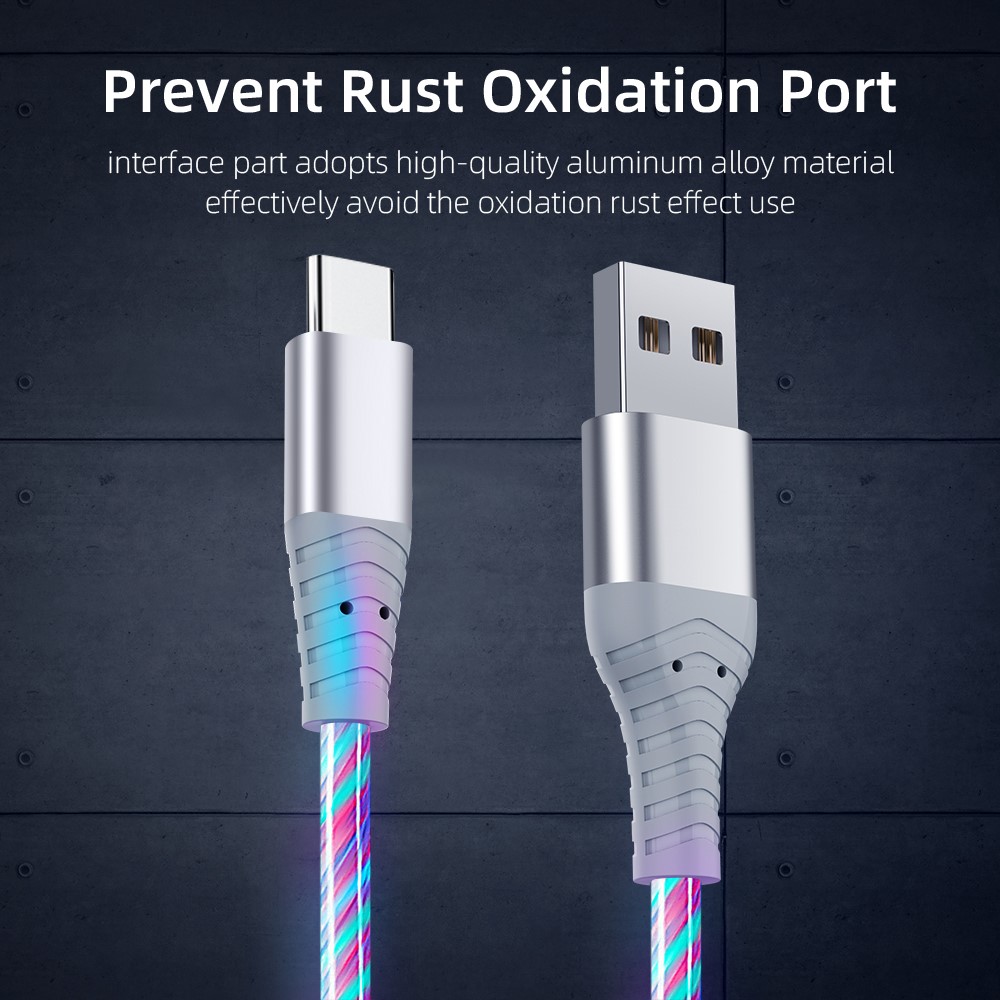 1m Glowing 3A Fast Charging Type-C Cable High-Speed Flowing Streamer Light LED Data Transfer USB Cable - Multi-color-3