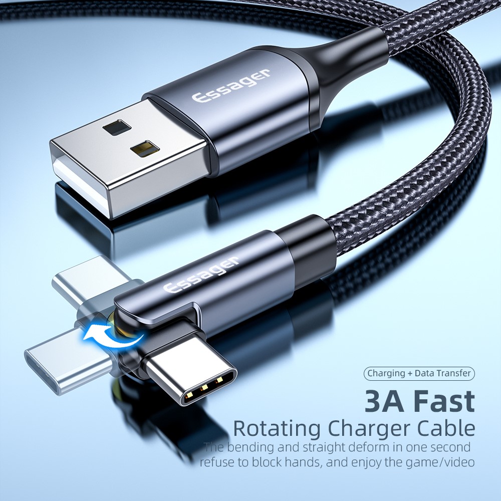 ESSAGER 1m 180 Degrees Rotating Type-C 3A Fast Charging Cable Data Transfer Cable Cord - Red-2