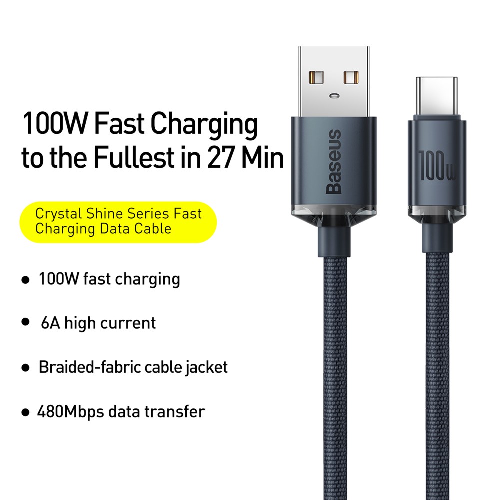 BASEUS Crystal Shine Series 100W 2m Fast Charging Data Cable USB to Type-C Braided Cord - Black-2
