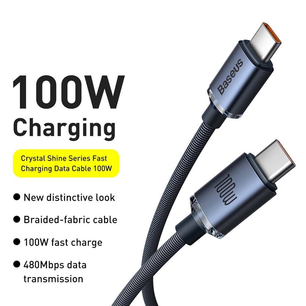 BASEUS Crystal Shine Series 2m 100W Fast Charging Data Cable Type-C to Type-C Braided Cord - Black-7