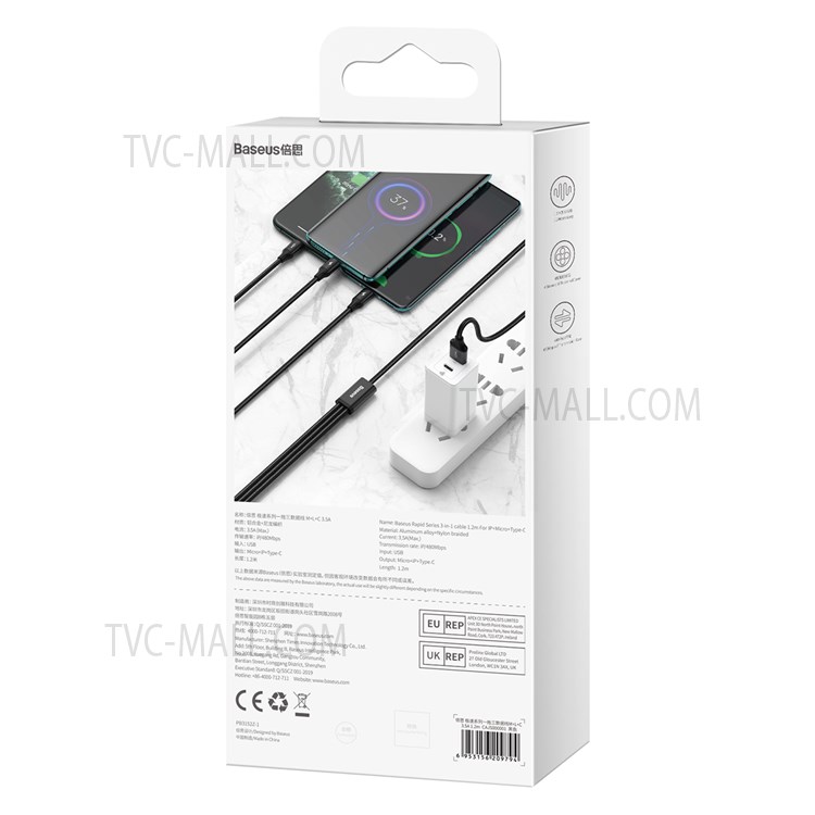BASEUS Rapid Series 3-in-1 Cable 1.2m iP+Micro+Type-C Data Cord - Black-12