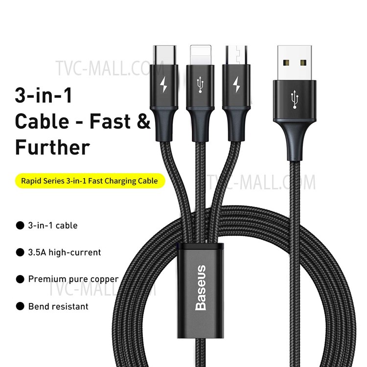 BASEUS Rapid Series 3-in-1 Cable 1.2m iP+Micro+Type-C Data Cord - Black-6