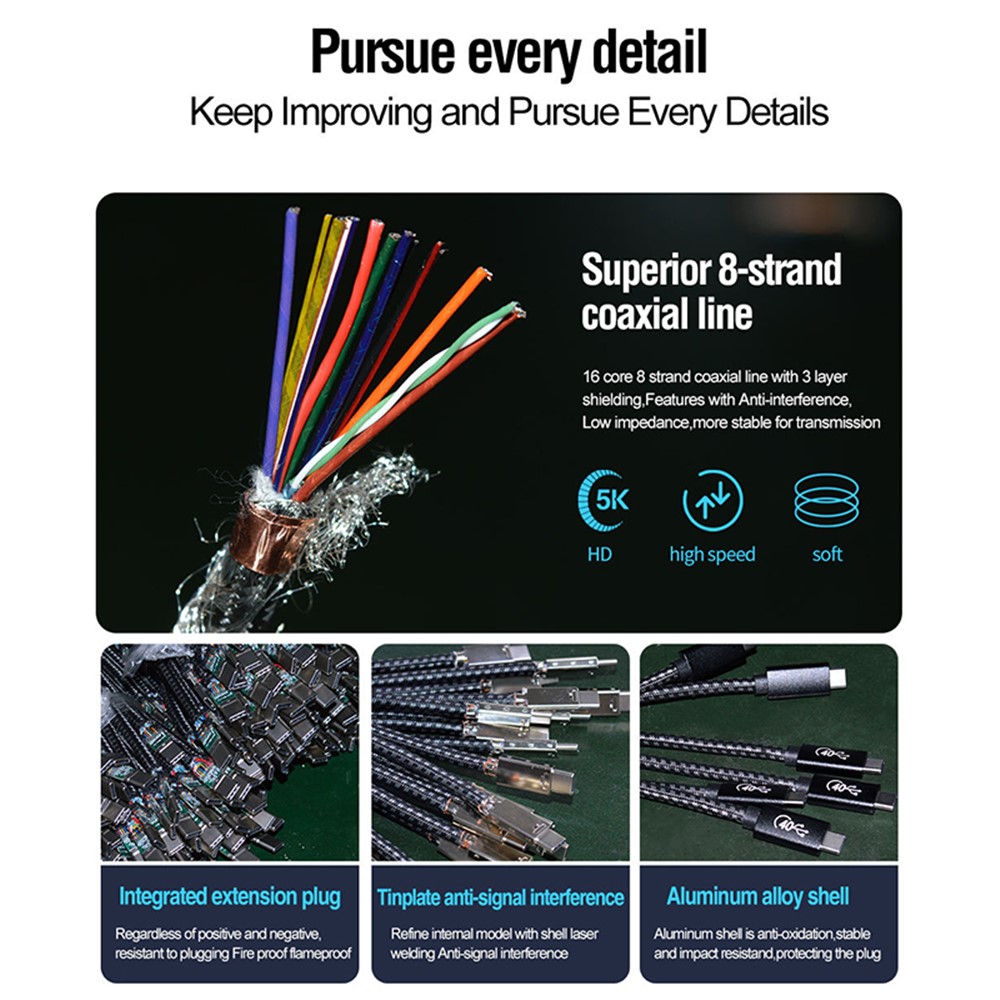 2m USB4 Data Cable Thunderbolt3 PD Fast Charging Cable Full Function Braided Data Cable Support PD 100W 40Gbps High-Speed Data Sync-6