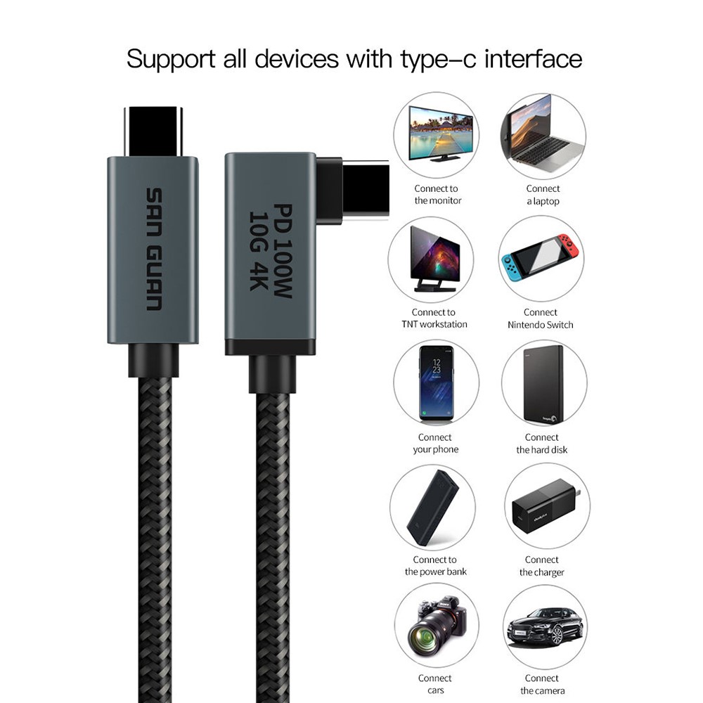 For MacBook Nintendo Switch 3m Type-C Right Angle Cable PD 100W Fast Charging 4K 60Hz USB3.1 Gen2 Data Cord-5