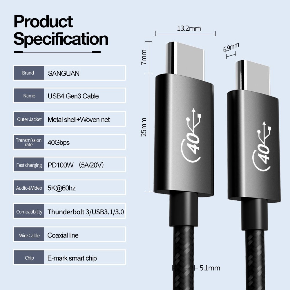 0.5m PD 100W Fast Charging 40Gbps USB4 Data Cable Thunderbolt3 Type C Coaxical Cord-2