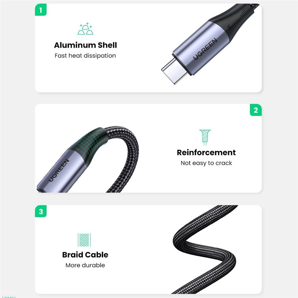 UGREEN 1m 100W PD Fast Charge USB C to Type C Aluminum Shell Braided Data Cable for Cellphone/Laptop-6