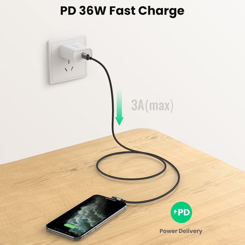 UGREEN 1.5m MFI Certified Type-C to Lightning 90 Degree L Shape Data Cable 3A Fast Charging Cord-3