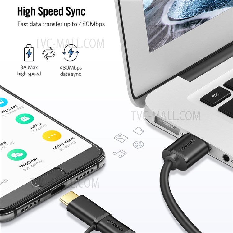 UGREEN 30177 1.5m USB2.0 to Micro USB + Type-C Data Cable 2.4A Fast Charging Cord 2 in 1 USB Cable Gold-plated Connector High-Speed Sync Data Transfer-4