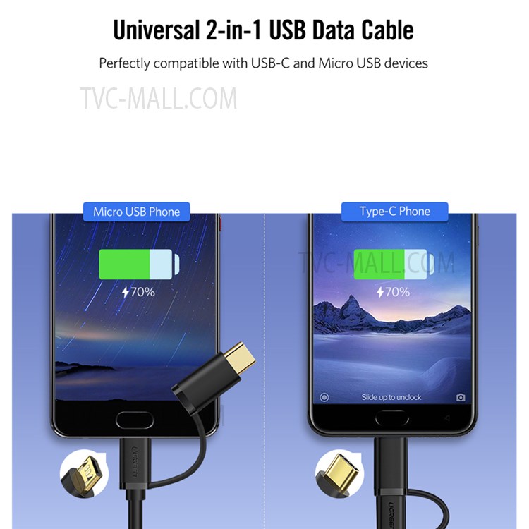 UGREEN 30177 1.5m USB2.0 to Micro USB + Type-C Data Cable 2.4A Fast Charging Cord 2 in 1 USB Cable Gold-plated Connector High-Speed Sync Data Transfer-5