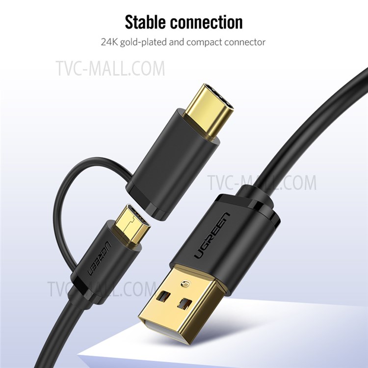 UGREEN 30177 1.5m USB2.0 to Micro USB + Type-C Data Cable 2.4A Fast Charging Cord 2 in 1 USB Cable Gold-plated Connector High-Speed Sync Data Transfer-7
