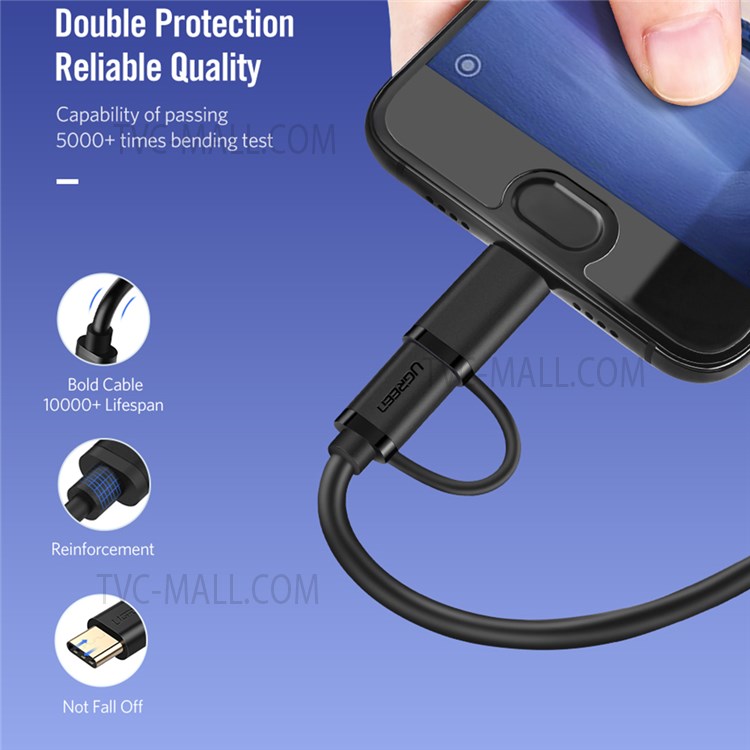 UGREEN 30177 1.5m USB2.0 to Micro USB + Type-C Data Cable 2.4A Fast Charging Cord 2 in 1 USB Cable Gold-plated Connector High-Speed Sync Data Transfer-8