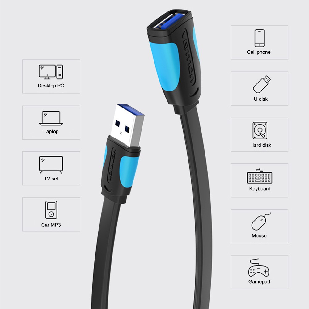 VENTION VAS-A13-B200 2m Flat Cable USB 3.0 Male to Female High Speed Data Cable 5Gbps Extension Cord-12