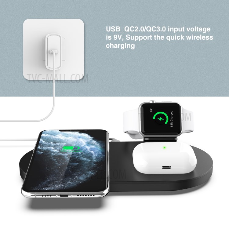 10W 3-en-1 Pied De Support De Station D'accueil De Charge Du Chargeur Multifonction Sans Fil Pour Apple Iphone / Ipod / AirPod - Noir-6