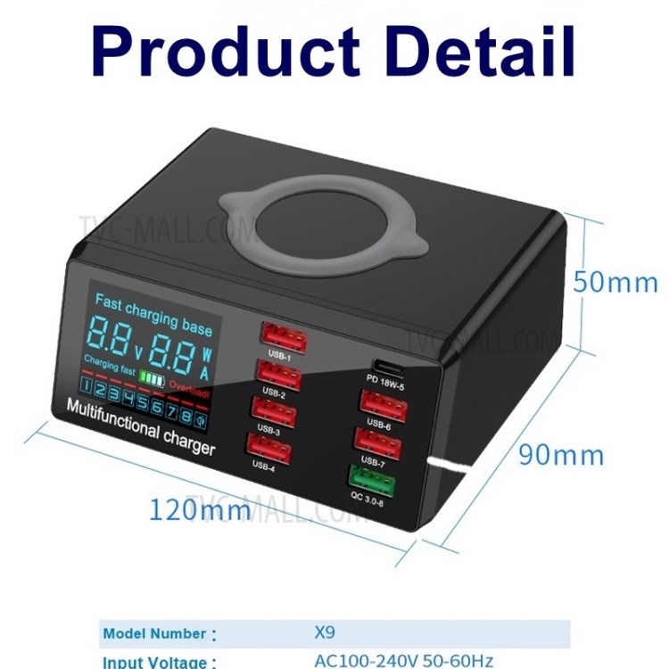 Tipo c 20W 8 Portas USB Carregador Sem Fio Rápido QC 3.0 Carga Rápida Com o Carregador de Função PD - Plugue Nos Eua