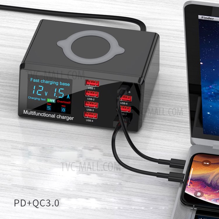 Type-C 18W 8 Ports USB Fast Wireless Charger QC 3.0 Quick Charge with PD Function Charger - US Plug-2