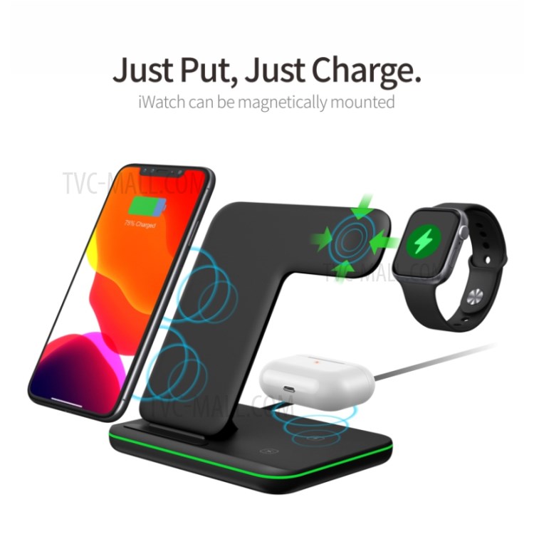 Z5A 3 Em 1 15w Estação De Doca Rápida Sem Fio Para IPhone 12 11 Pro Max IWatch Airpods - Preto-5