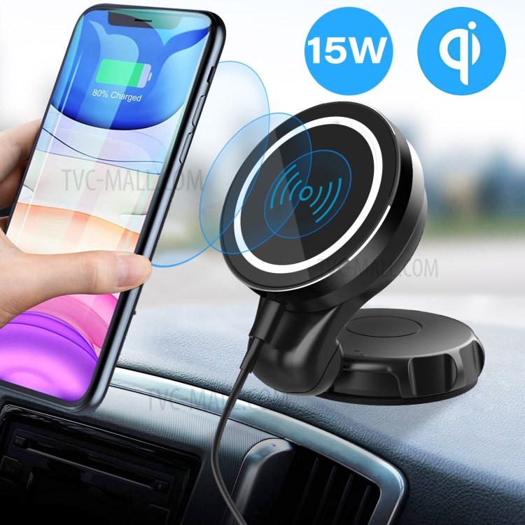 360 Rotating Folding Suction Cup Car 15W Magnetic Wireless Charger for iPhone 12 Samsung Huawei - Black-2