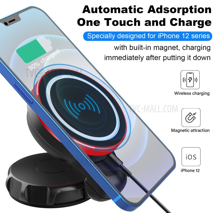 360 Rotating Folding Suction Cup Car 15W Magnetic Wireless Charger for iPhone 12 Samsung Huawei - Black-3