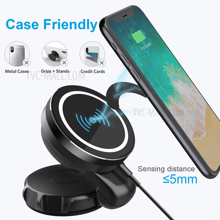 360 Rotating Folding Suction Cup Car 15W Magnetic Wireless Charger for iPhone 12 Samsung Huawei - Black-4