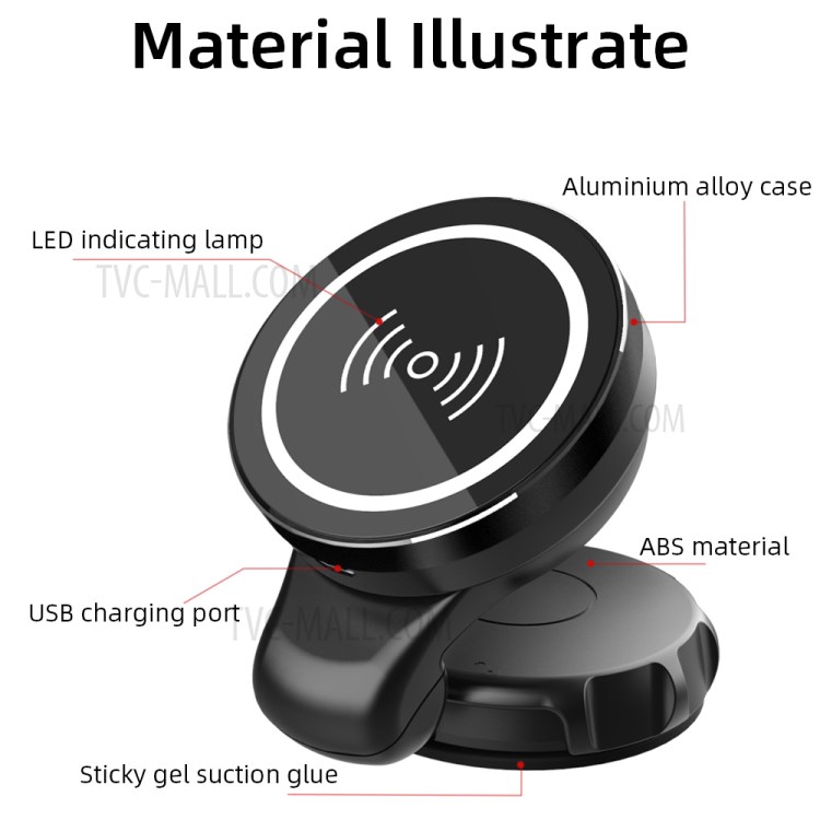 360 Rotating Folding Suction Cup Car 15W Magnetic Wireless Charger for iPhone 12 Samsung Huawei - Black-5