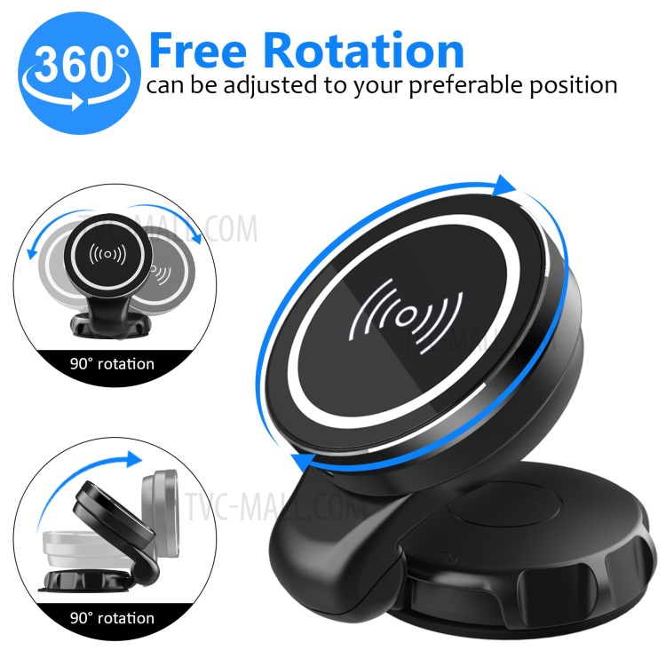 360 Rotating Folding Suction Cup Car 15W Magnetic Wireless Charger for iPhone 12 Samsung Huawei - Black-6