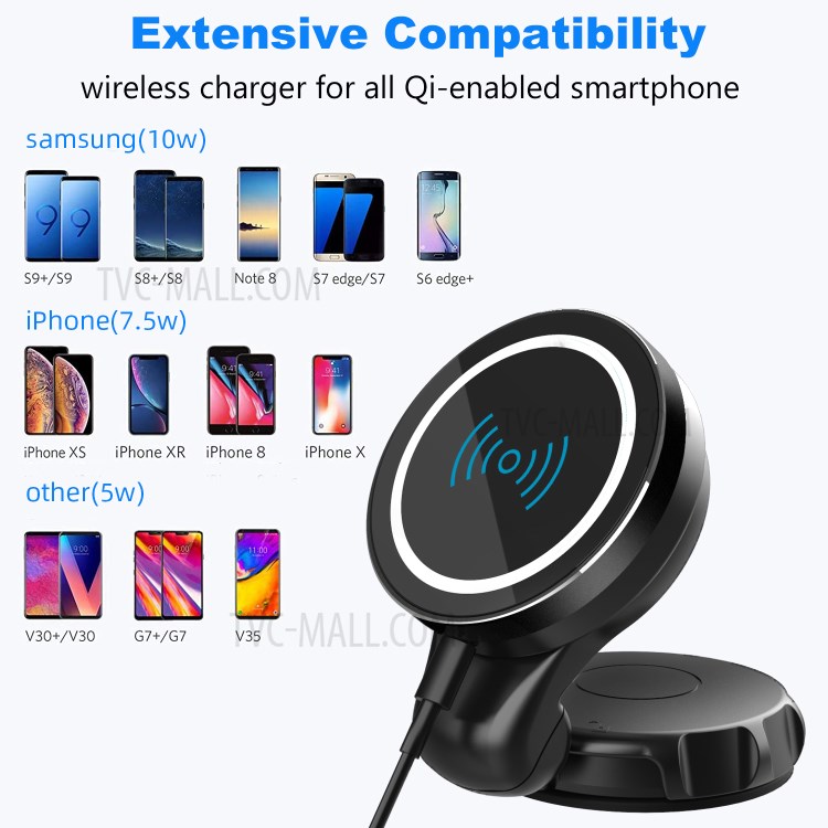 360 Rotating Folding Suction Cup Car 15W Magnetic Wireless Charger for iPhone 12 Samsung Huawei - Black-8