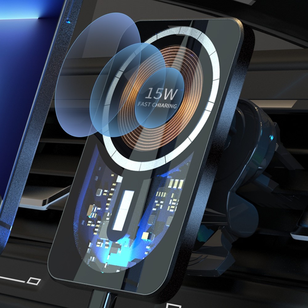 T11 Magnetic Car Wireless Charger for iPhone 13 / 12 Series 15W Fast Charging Stand Transparent Air Vent Mount Charger-5