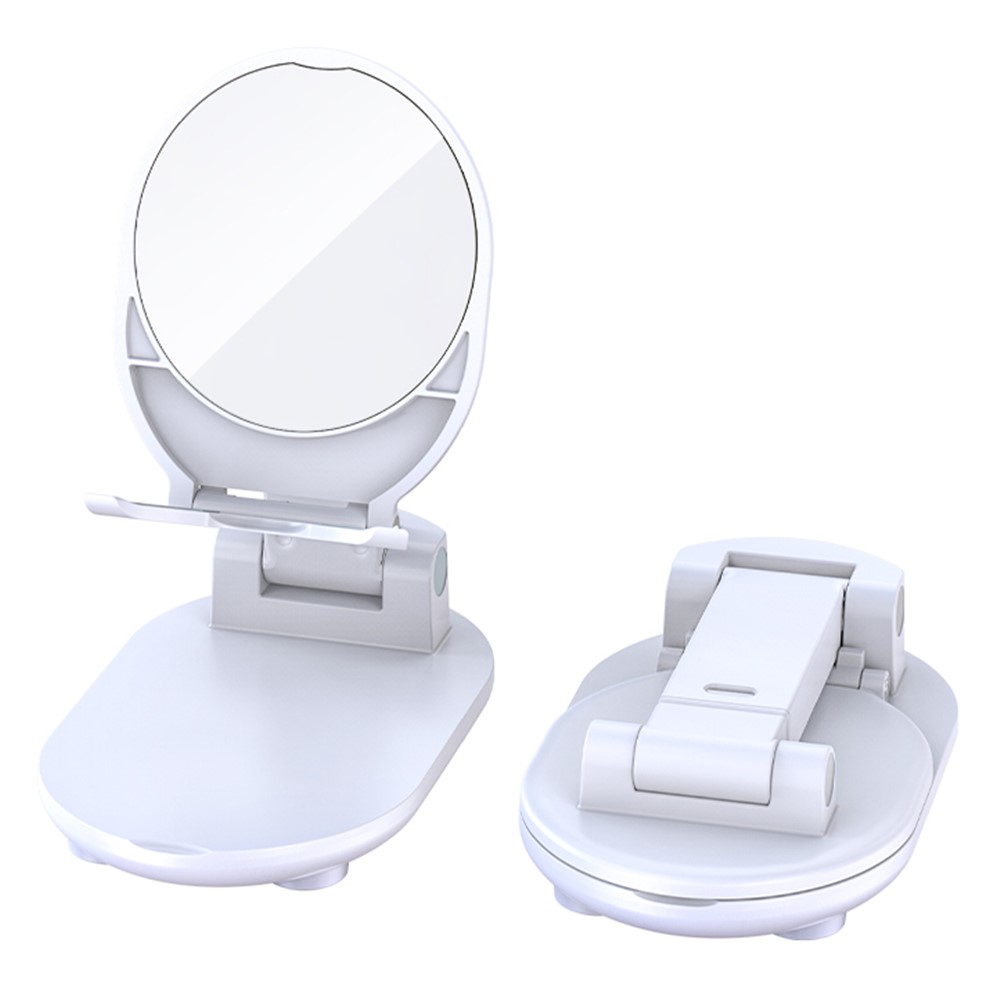 Foldable Mobile Phone Holder Adjustable Height Desktop Phone Bracket Stand with Makeup Mirror - White-1