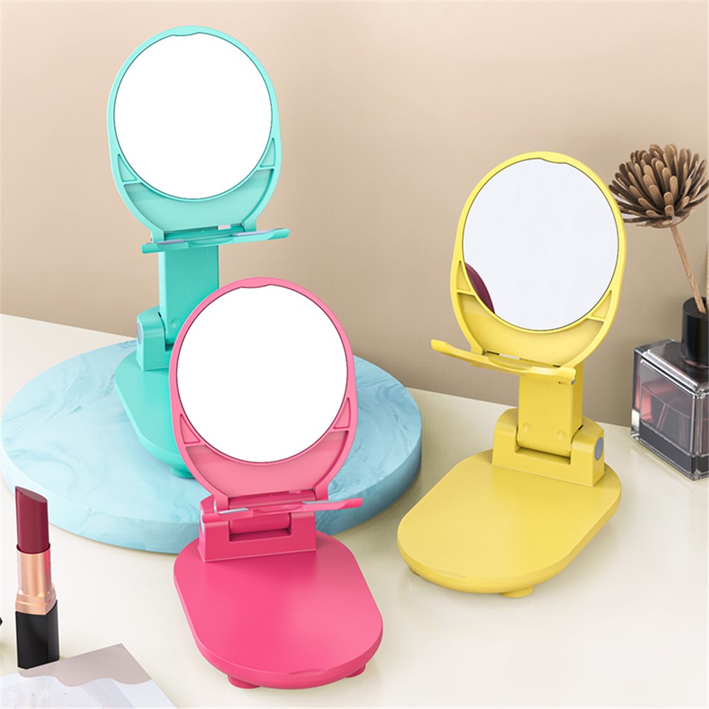 Foldable Mobile Phone Holder Adjustable Height Desktop Phone Bracket Stand with Makeup Mirror - White-6