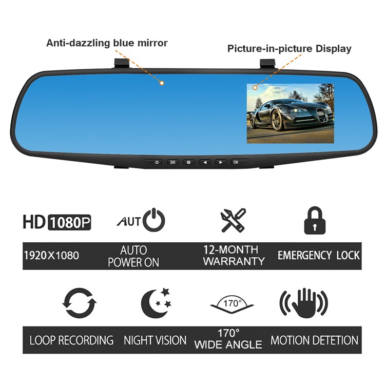 3.5-inch Front 1080P Back 720P HD Dual Lens Car Rearview Mirror Camera Dash Cam DVR V39A-8