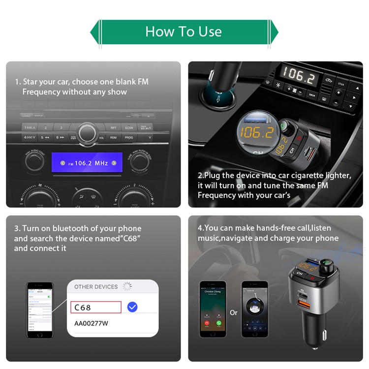 C68 Bluetooth 5.0 Car Kit QC3.0+PD18W Fast Charge Car MP3 Player FM Transmitter Hands-free Call-3