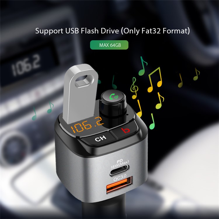 C68 Bluetooth 5.0 Car Kit QC3.0+PD18W Fast Charge Car MP3 Player FM Transmitter Hands-free Call-6