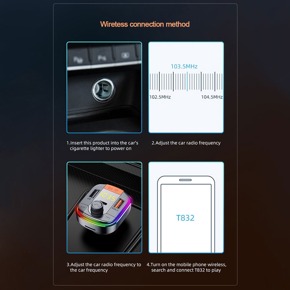 T832 Car Bluetooth 5.0 Adapter MP3 Player FM Transmitter Hands-free Calls 2 USB Port with QC 3.0 Charging-13