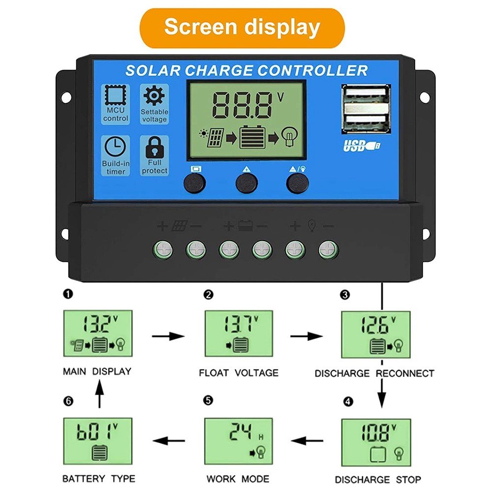 Photovoltaic System Power Inverter 18W 18V Solar Panel 30A LCD Display Controller 500W Car Vehicle Power Converter - Black / 12V to 220V-6