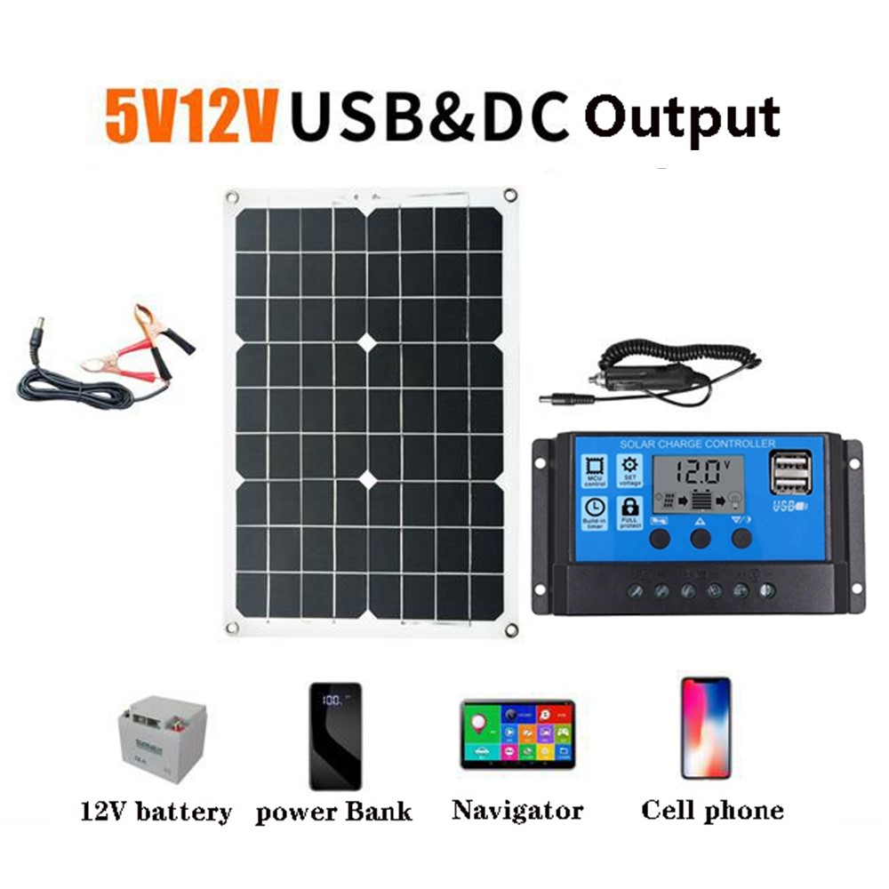 High Efficiency Power Inverter 18W 18V Solar Panel 30A LCD Display Solar Controller 300W Car RV Power Converter - Black / 12V to 220V-4