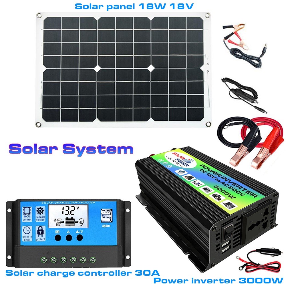 300W High Efficiency Car Power Inverter 18W 18V Solar Panel 30A Solar Controller Car Power Converter - Black / 12V to 220V-2