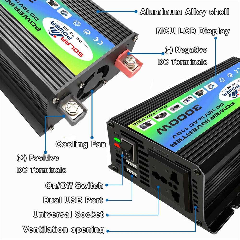 Tang I Generation 12V to 110V 3000W Power Inverter Intelligent Car Inverter with Dual USB for Camping, Traveling - Black-5